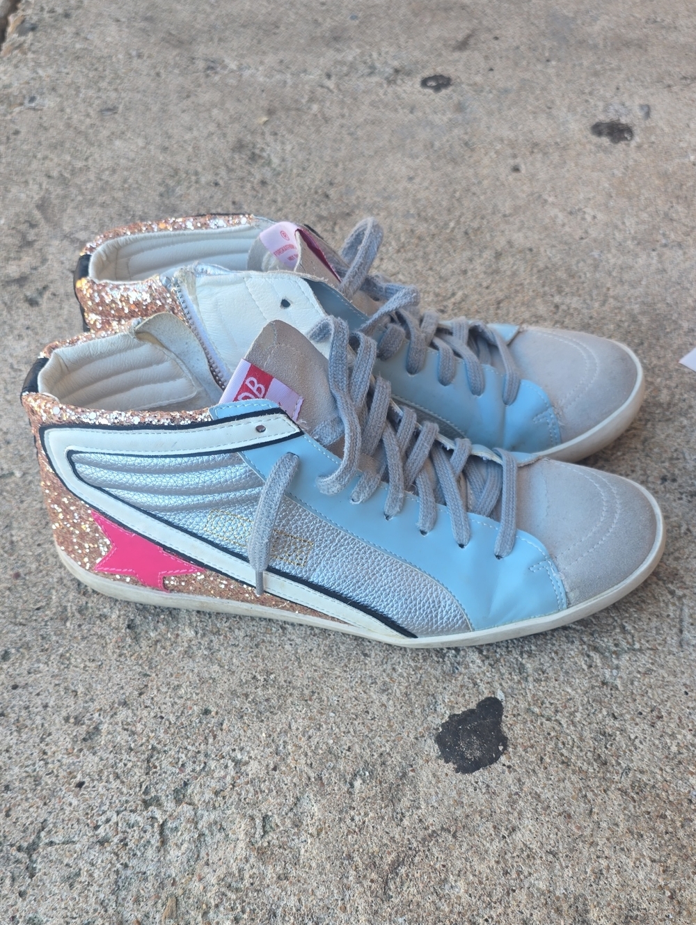 GGDB Light Blue High-Top Sneakers with Pink Star & Gold Glitter Heel